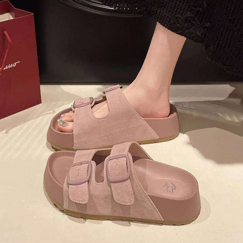 Kidmi Fashion Retro Trend Beach Round-headed Shoes Summer New Casual With Buckle Women Slippers