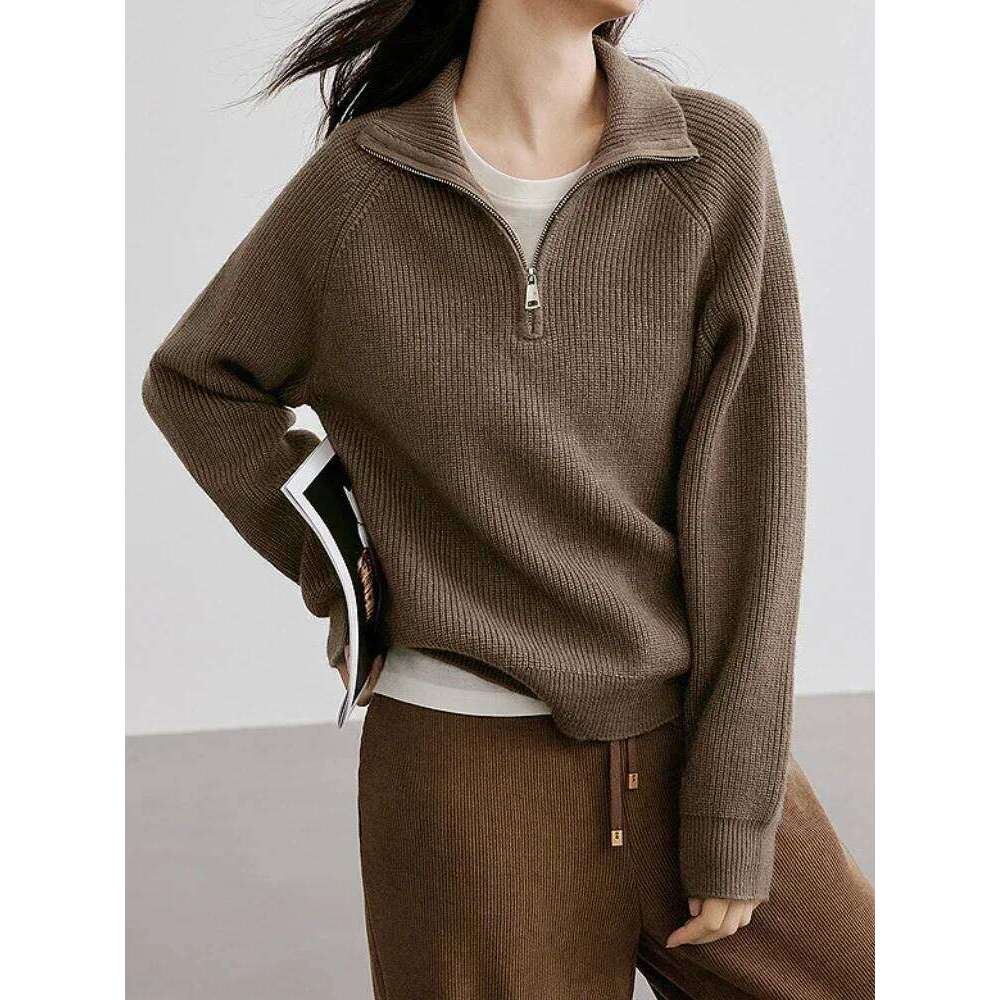 Knitted Oversized Sweater Women Autumn Solid Casual Loose Lapel Women's Pullovers Zipper Turndown Collar Fashion Jumper Knitwear XJ260305
