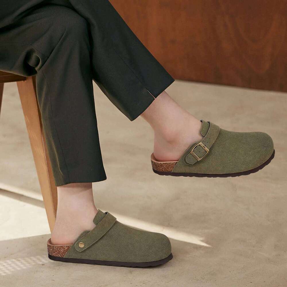 Kidmi New Cow Suede Women's Potato Shoes Adjustable Strap Cork Insole Mules Outdoor Unisex Clogs Slippers With Arch Support