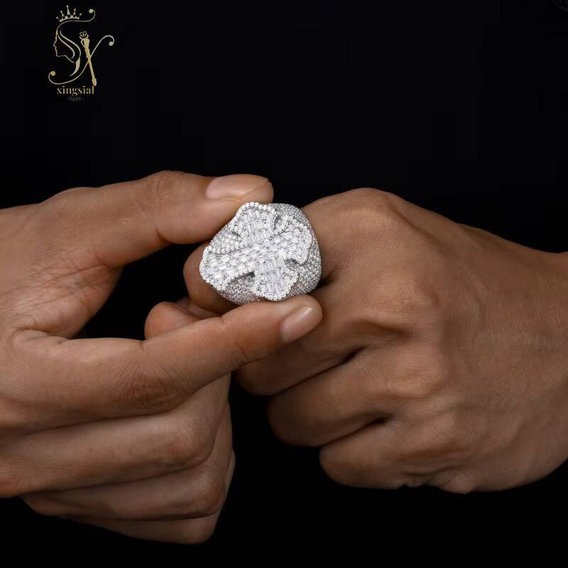 Xingsial Luxury Pass Diamond Tester VVS D Color Moissanite Iced Out Hip Hop Cross Ring 925 Sterling Silver Diamond Cluster Ring