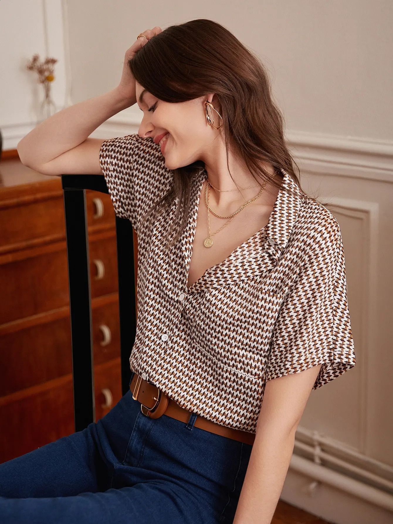 Summer Thin Temperament Womens Shirt Short Sleeve Vintage Striped Work Tops Shirts Clothing 260228
