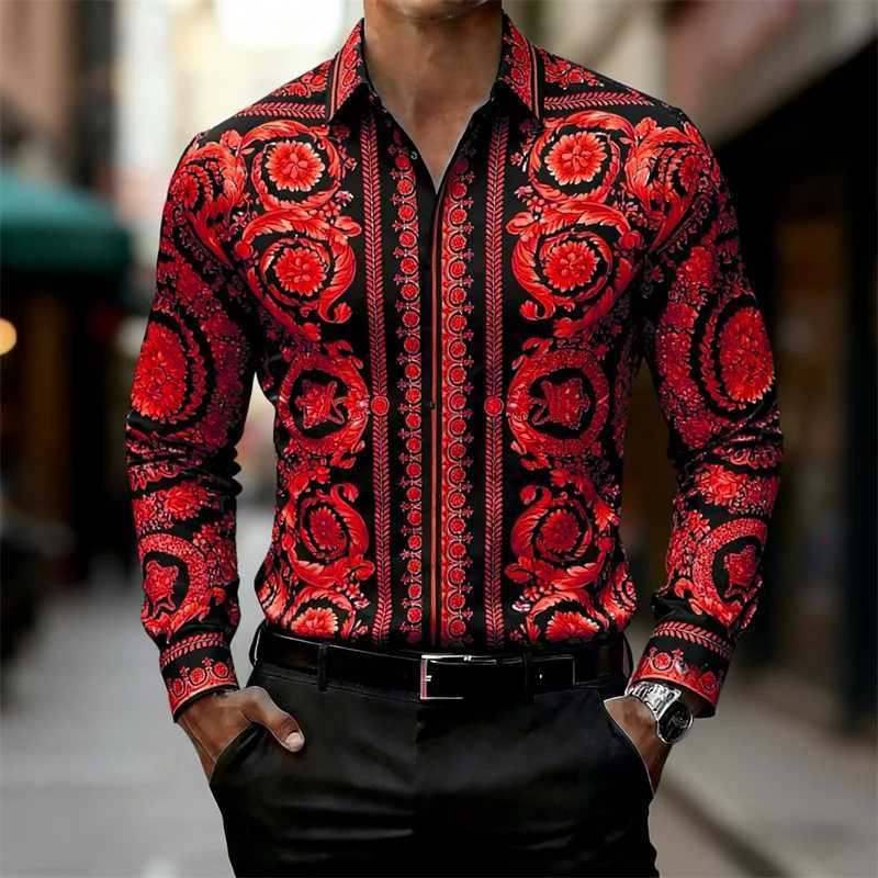 Mens Shirt Baroque Style Gold Pattern Long Sleeve Shirt Fashion Slim HD Print Shirt Hot Sale XS-6XL M260305