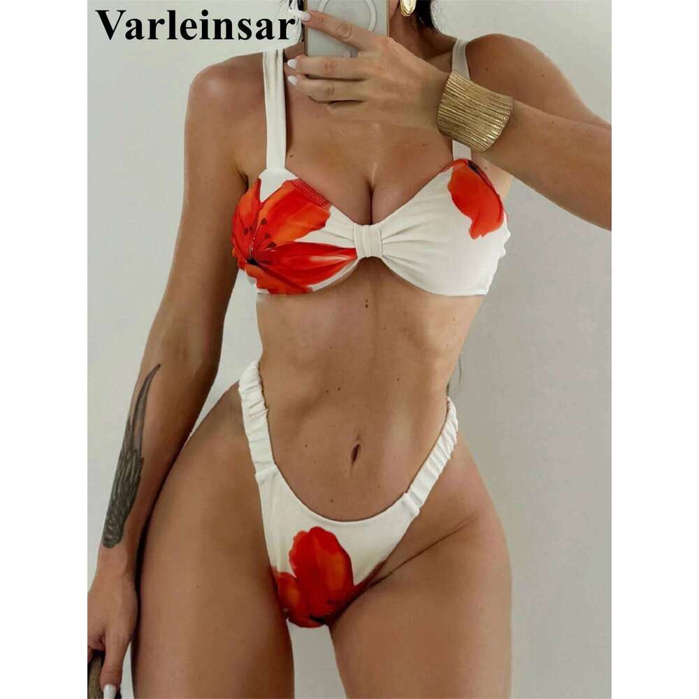 Flowers Floral High Cut Leg Female Swimsuit Women Swimwear Two-pieces Bikini set Brazilian Bather Bathing Suit Swim V7716 Y260303