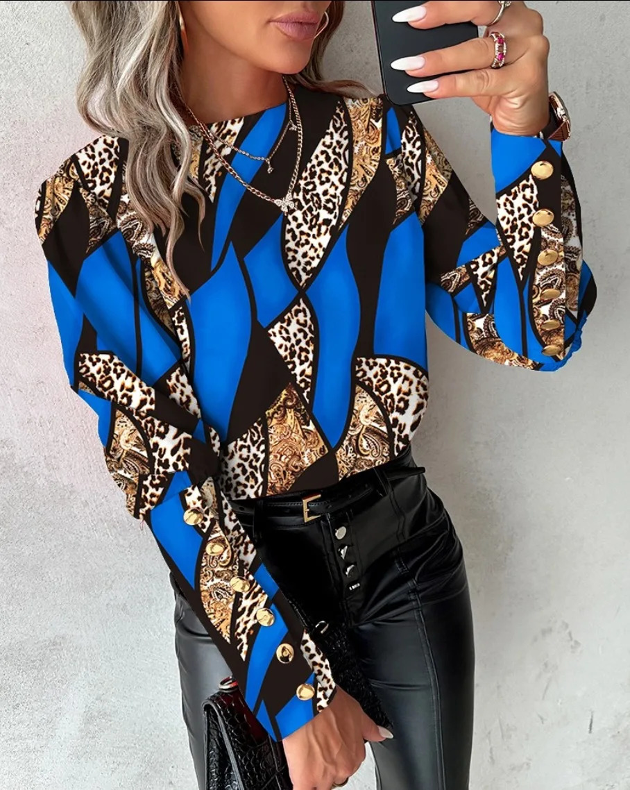 Autumn and winter fashionable printed long sleeved love style round neck button up blouse shirt for women 260228