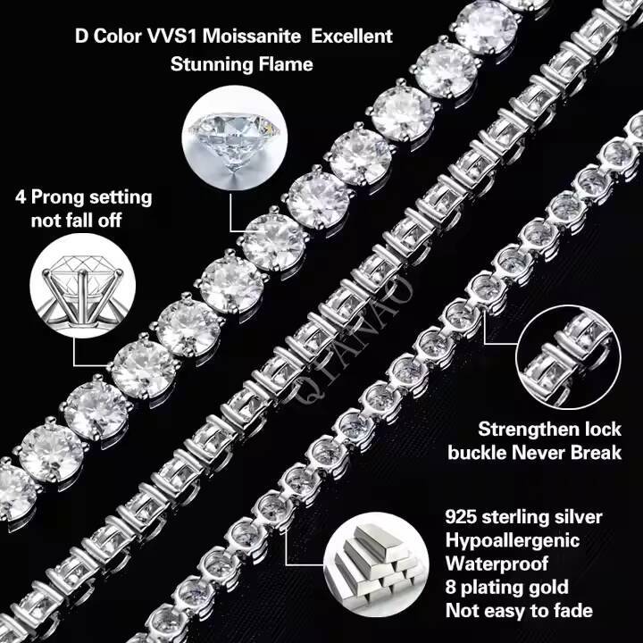 Ready to Ship Moissanite Chain 925 Silver 3mm Tennis Chain Vvs Moissanite 6-9 Inch Tennis Bracelet Iced Out Jewelry Hiphop Man