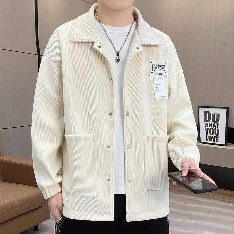 Spring and Autumn Mens 2024 Spliced Turn-down Collar Button Pocket Fashion Solid Loose Versatile Casual Long Sleeve Jackets M260305