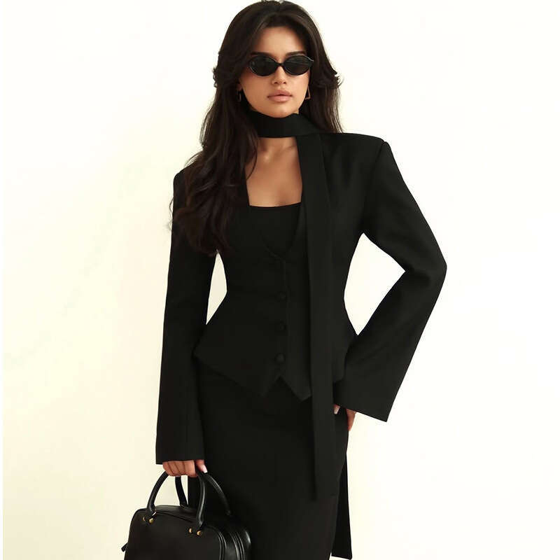 2025 New Fashion Solid Color V-Neck Scarf Decorated Long Sleeve Casual Blazer Jacket Top