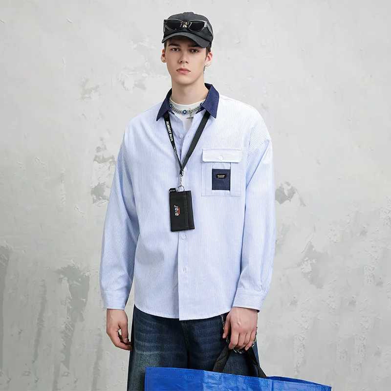 Autumn Mens Shirt Long Sleeve Blue Striped Shirts Spring Blouses Fashion Loose Blouse Y2K CloTHing Casual Shirts CloTHes M260305