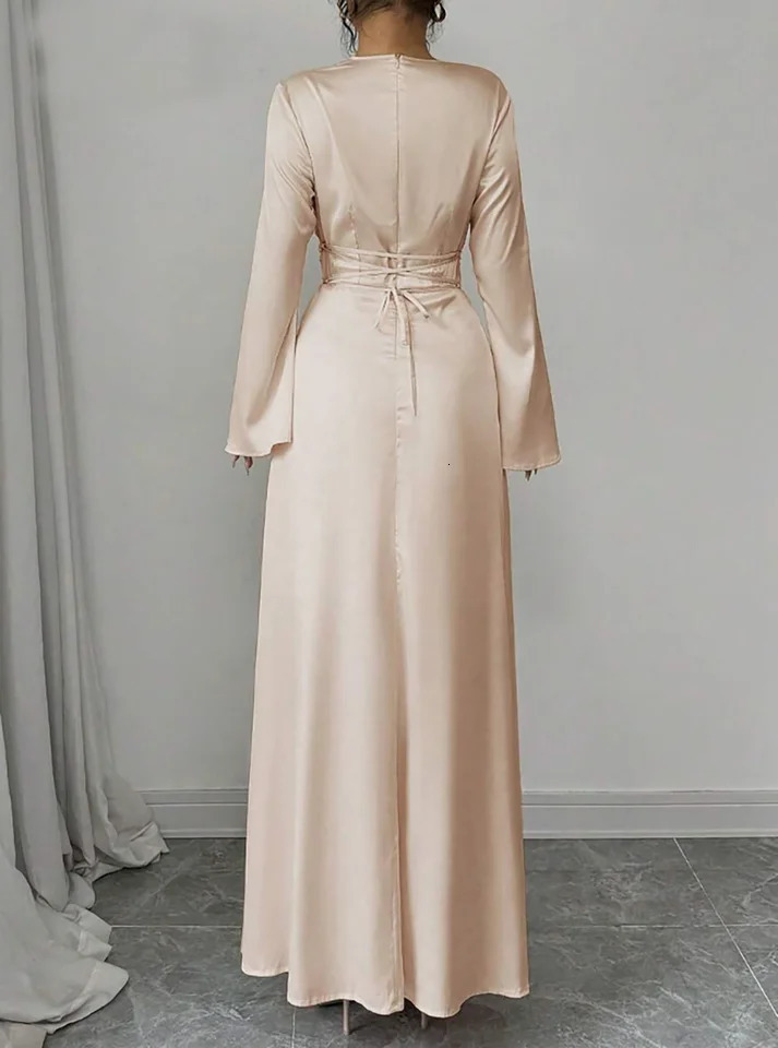 Maxi Dress Spring Summer Women Champagne Satin Cowl Neck Flared Sleeve Belted Elegant Luxurious Party Wedding Evening 260302
