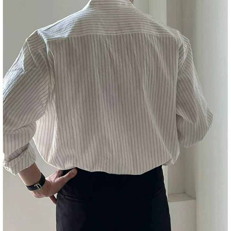 Mens Vintage Fashion Japanese Style Striped Business Casual Shirt Spring Summer Lapel Long Sleeve Loose Tops Camisas De Hombre M260305
