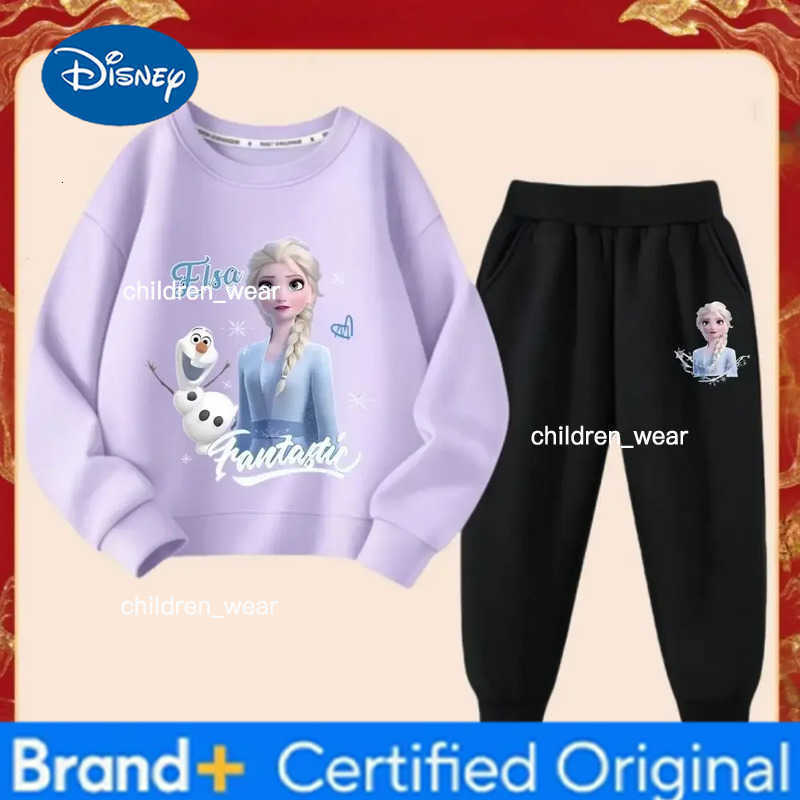 Disney Frozen Elsa Princess Girls Fashion Cartoon Printed Tracksuits Spring Kids Long Sleeve Sports Two-piece Suit Sweatshirt H260305