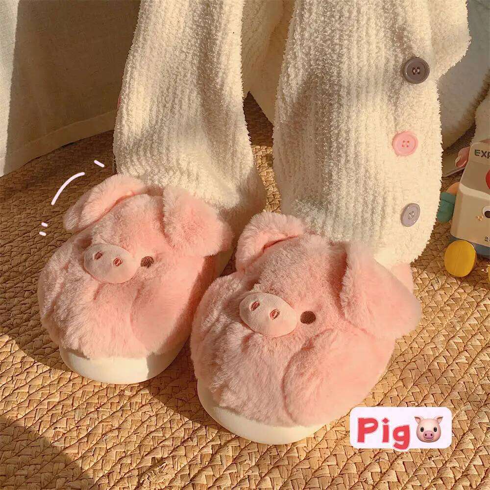 Pink Pig Cotton Slippers Women's Winter Warm Anti-Slip Cute Cartoon Soft Plush Indoor Fluffy Slipper for Girls Home Floor Shoes