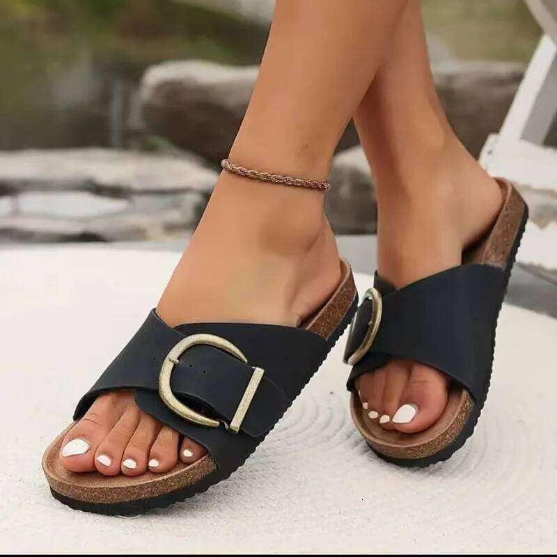 Kidmi 2025 Cork Sole Women Single Buckle Flip Flops Open Toe Beach Sandals Leisure Fashion House Slippers