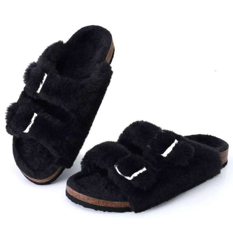 Kidmi Womens Fuzzy Slippers with Arch Support Adjustable Buckles New Fashion Cork Footbed Slides Open Toe Indoor Shoes for Women