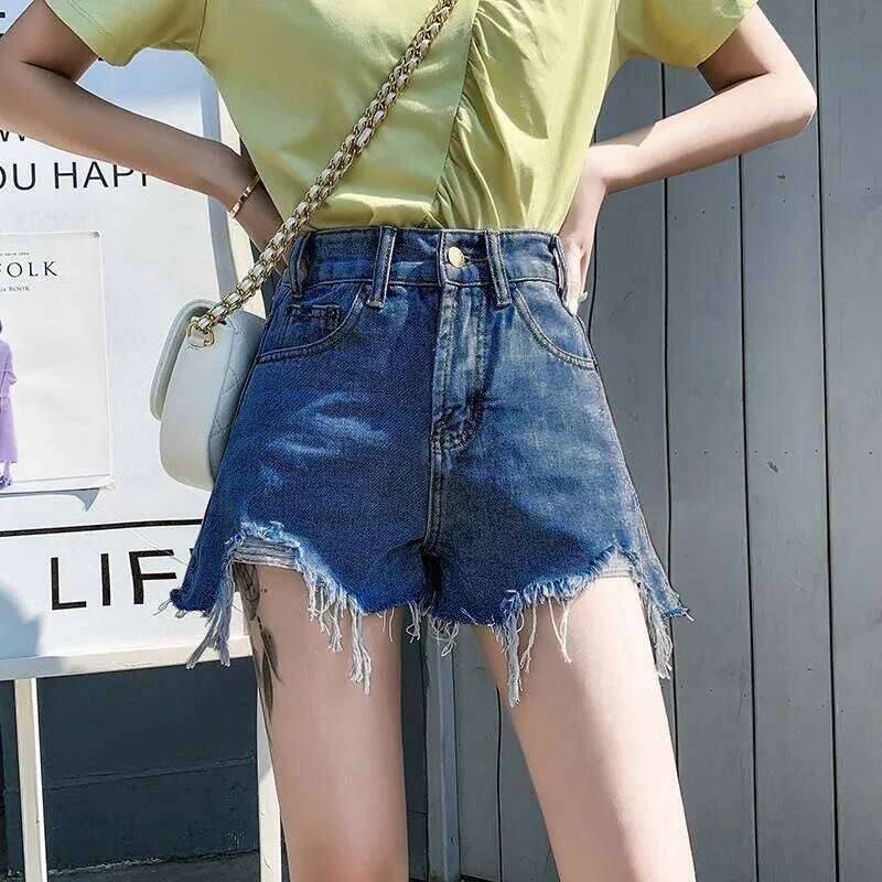 Ins new perforated denim shorts women in summer Korean version high waist slim and versatile for wearing outside internet fa XJ260305