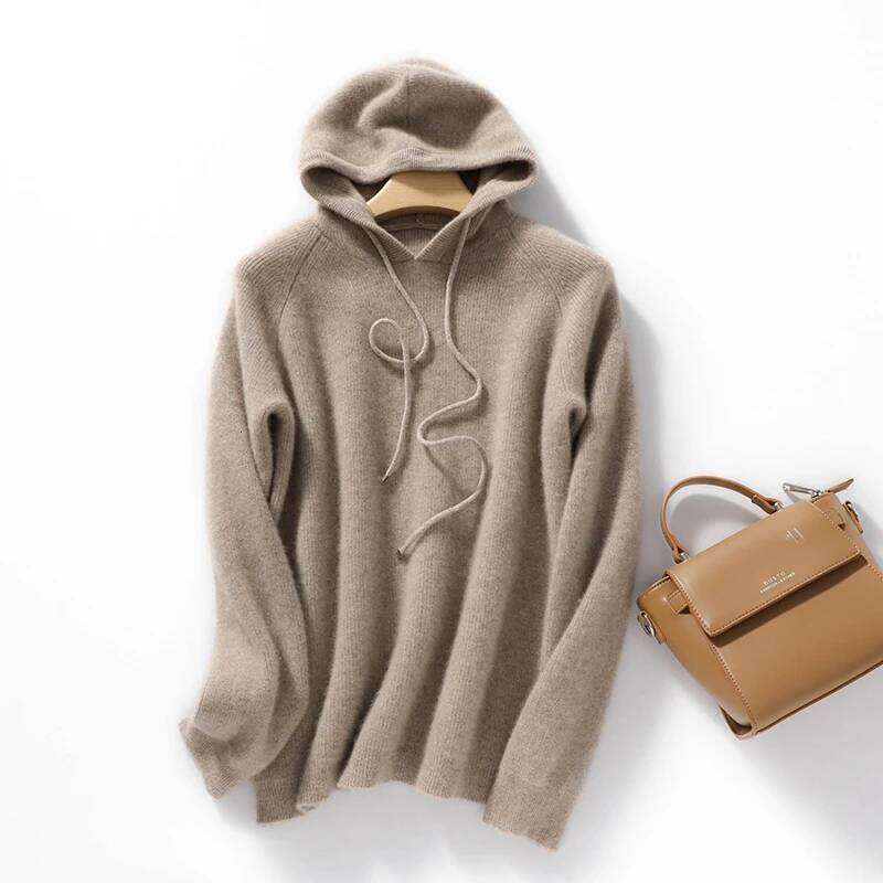 100% Merino Wool Women's Autumn Winter Casual Long Sleeve Soft Cashmere Knitted Hoodie Sweater Pullover Korean Female Clothing XJ260305