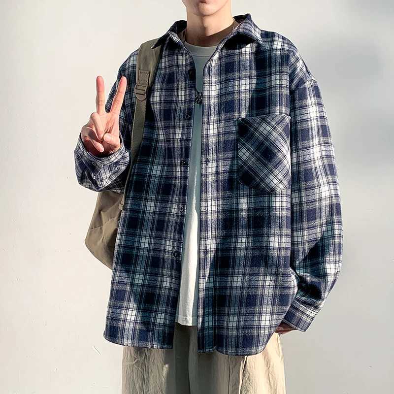 Vintage Mens Plaid Shirts Autumn Casual Trendy Lapel Shirt Korean Shirt Jacket Hong Kong Fashion Square Collar Shirt For Spring M260305