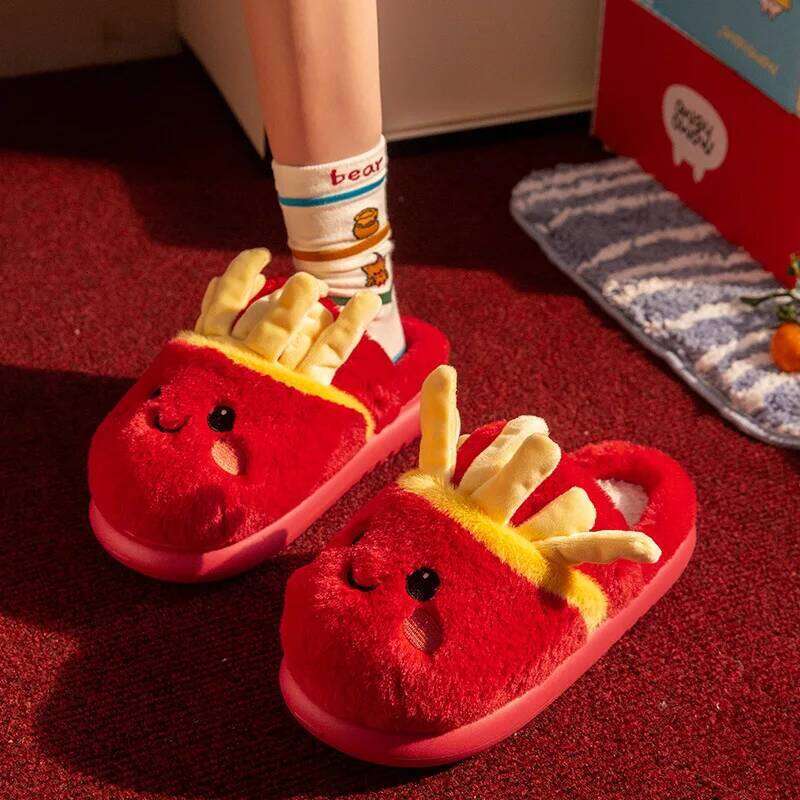 French Fries Cotton Slippers Women Men Autumn Winter Home Floor Shoes Cute Cartoon Warm Faux Fur Couples House Fluffy Slides