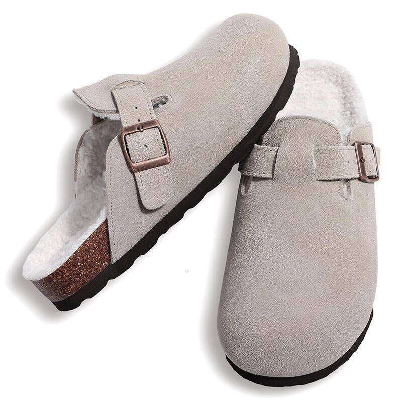 Kidmi Winter Casual Mules For Women and Men New Clogs Slippers With Adjustable Buckle Cow Suede Cork Insole Cozy Women's Sandals