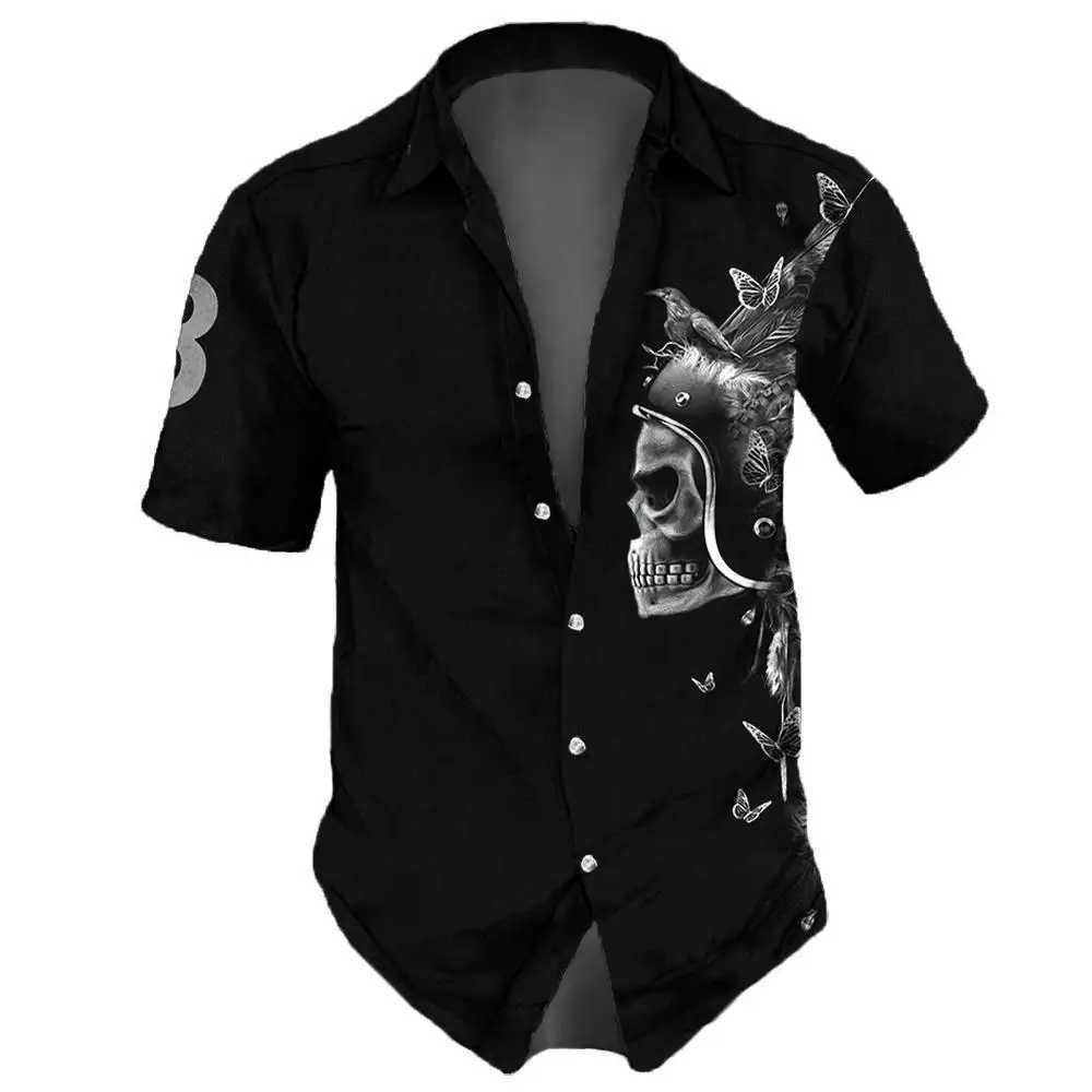 2023 Skull Mens Shirts Lapel Streetwear Vintage Shirt For Men Street Hip Hop Short Sleeve Top Party Summer Men Hawaiian Shirts M260305