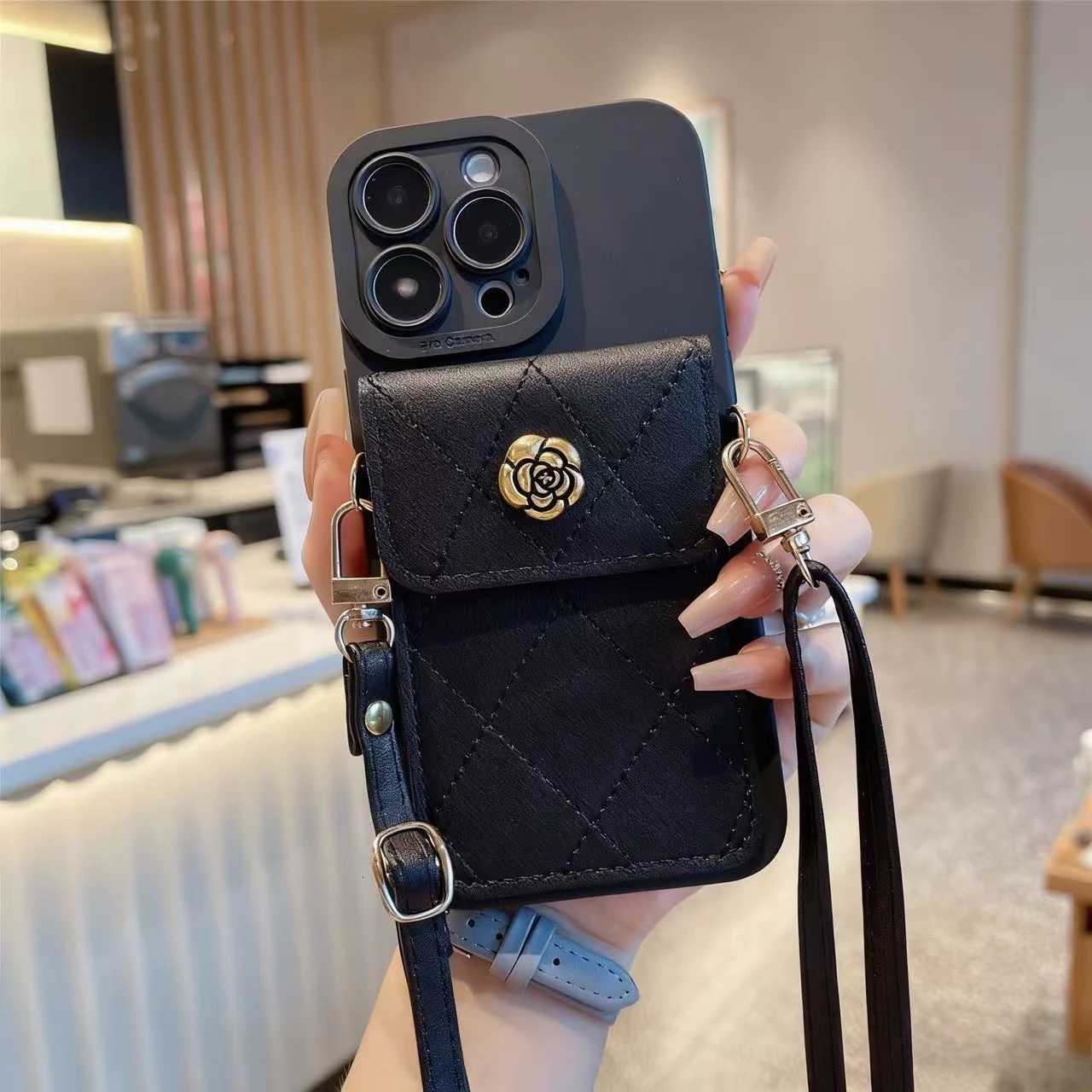 Luxury Camellia Quilted Wallet Crossbody Lanyard Phone Case For iPhone 6 7 8 Plus 6s X Xs Max Xr SE | TPU Leather Card Holder CoverT260305