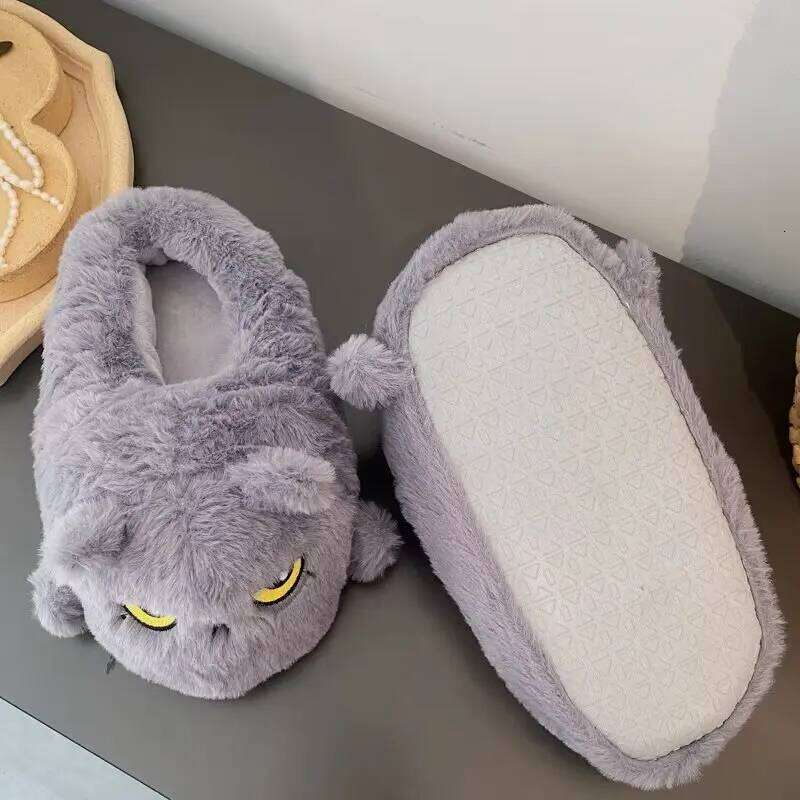 Cute Cartoon Cat Indoor Fluffy Slippers For Women Men Funny House Shoes Warm Faux Fur Anti-slip Couples Winter Home Cotton Shoe