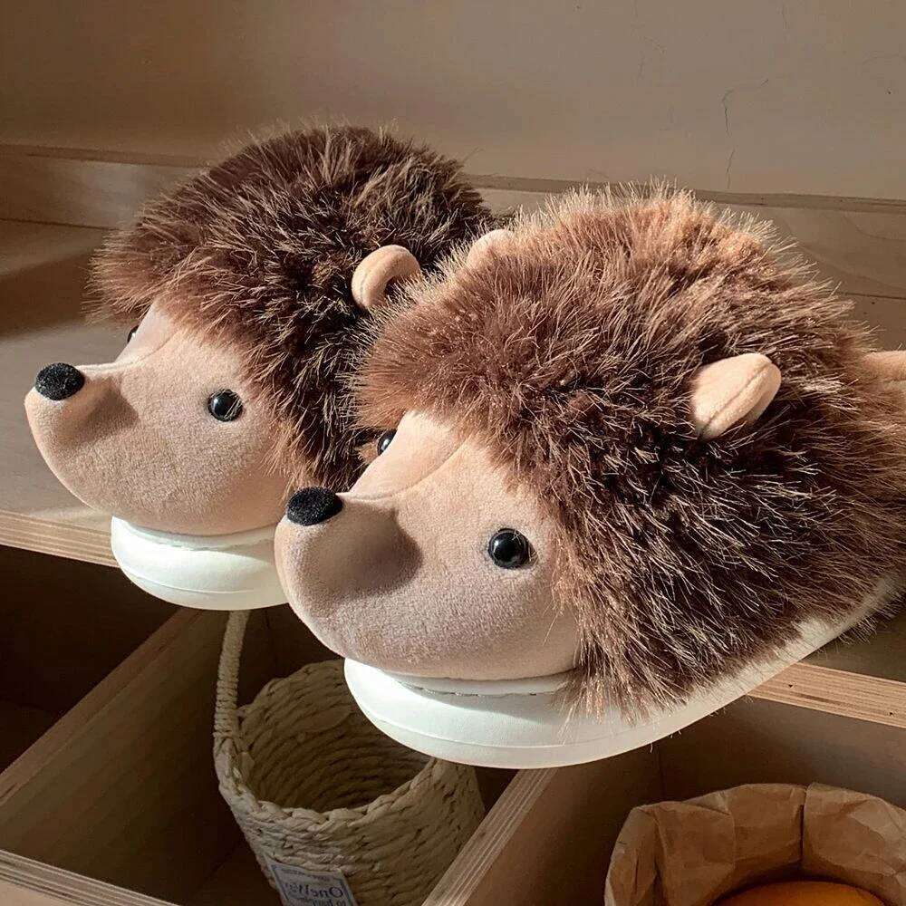New Cute Cartoon Fluffy Slippers For Woman Winter Warm Shoes Funny Hedgehog Anti-slip Soft Plush Girls Indoor Home Floor Slides