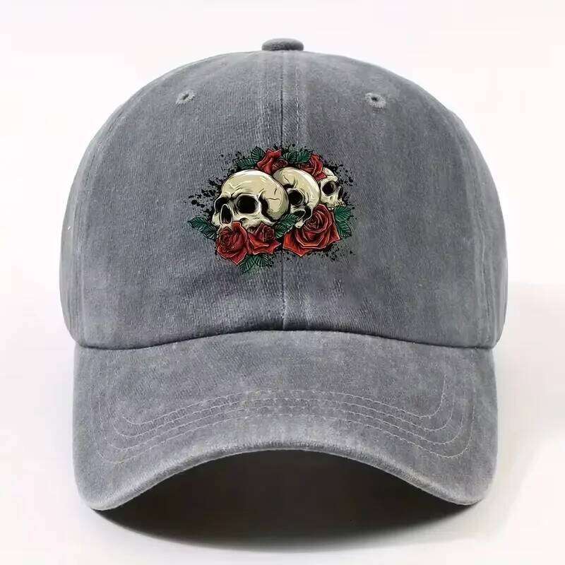 The man's stylish washed-out baseball cap features a hip-hop style skull and rose pattern printed on it. Y260304