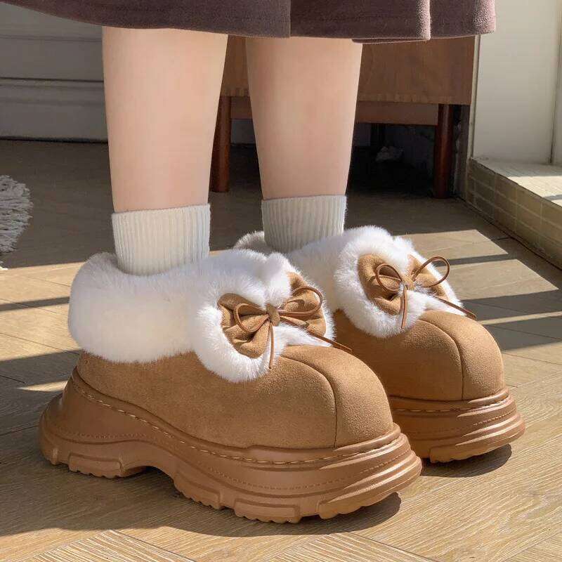 Warm Faux Fur Fluffy Slippers For Women Winter Platform Shoes Soft Plush Thick Sole Cute Bow Girls Indoor Street Snow Boots