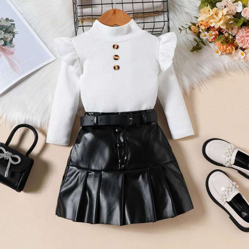 Pudcoco Toddler Girl 2 Piece Outfit Ruffles Long Sleeve Tops and Leather Pleated Skirt Set for Baby Fall Cute Clothes 18M-6T Z260304