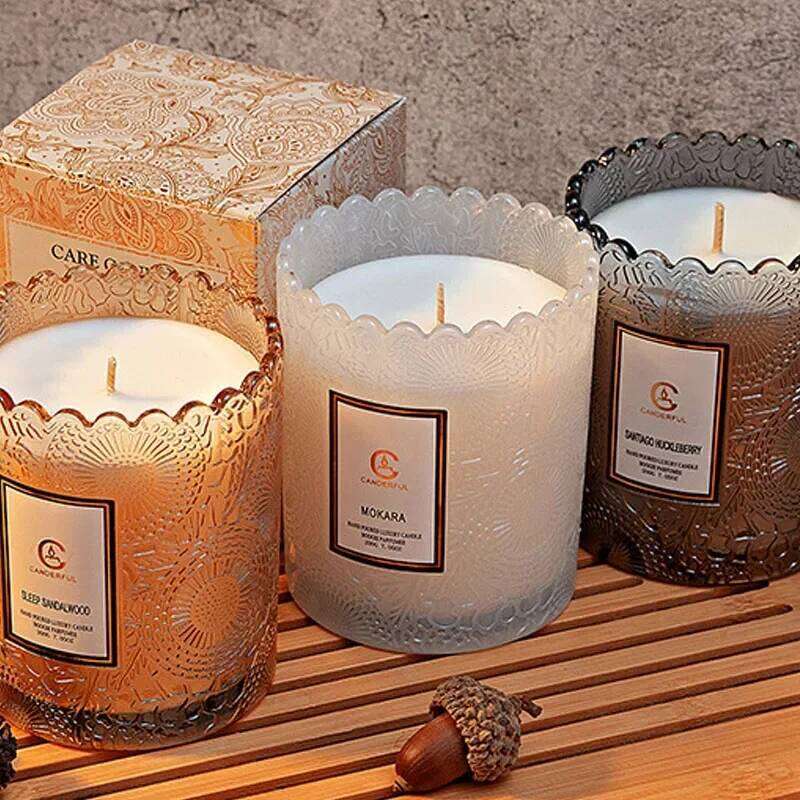 Lace Embossed Scented Candle Soy Wax Glass Cup Home Bedroom Living Room Air Fresh Fragrance Ornaments W260304 W260305