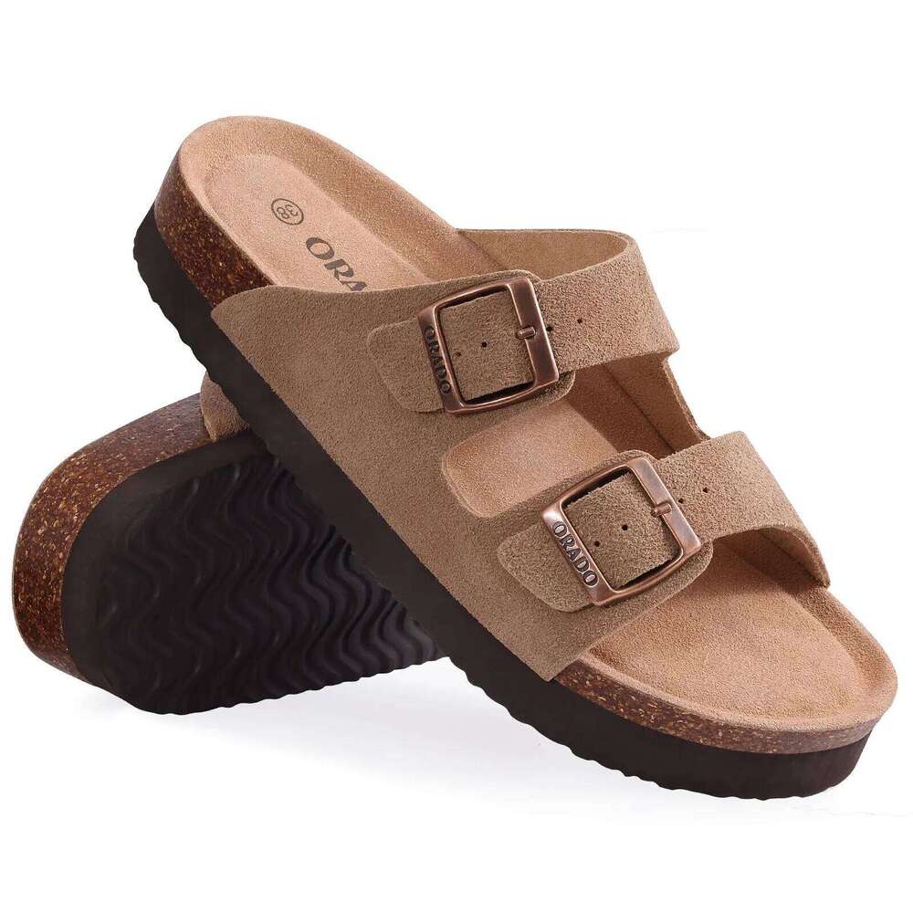 Kidmi New Double Buckle Cork Suede Men Slippers Outdoor Beach Slide Casual Soft Nonslip Sandals