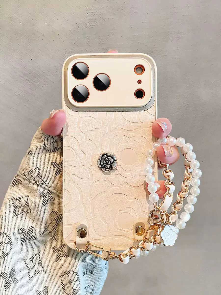 Luxury Camellia Embossed Phone Case with Pearl Chain & Lens Protector For iPhone 17 Pro Max 16 15 14 13 12 Air | Premium Leather CoverT260305