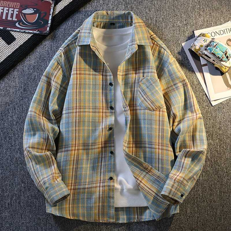 Mens Plaid Shirt Jacket Casual Long-sleeved Streetwear Young Adults Korean Fashion High Street Outwear Spring Man Clothing Top M260305