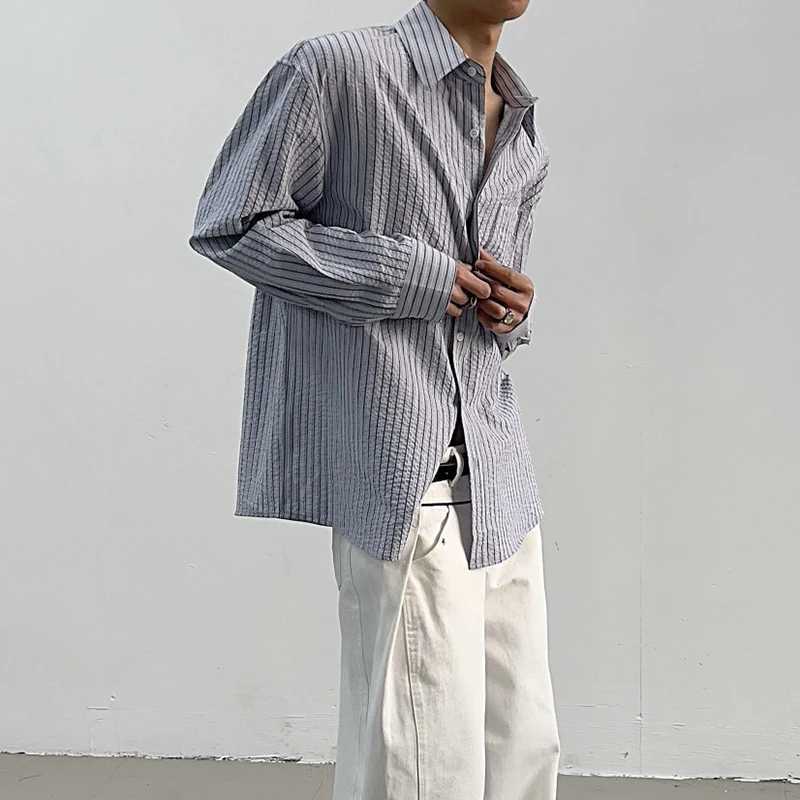 Streetwear Vintage Mens Striped Print Shirt 2026 Spring Autumn Trendy Long Sleeve Textured Shirts Men Casual Button Lapel Shirts M260305