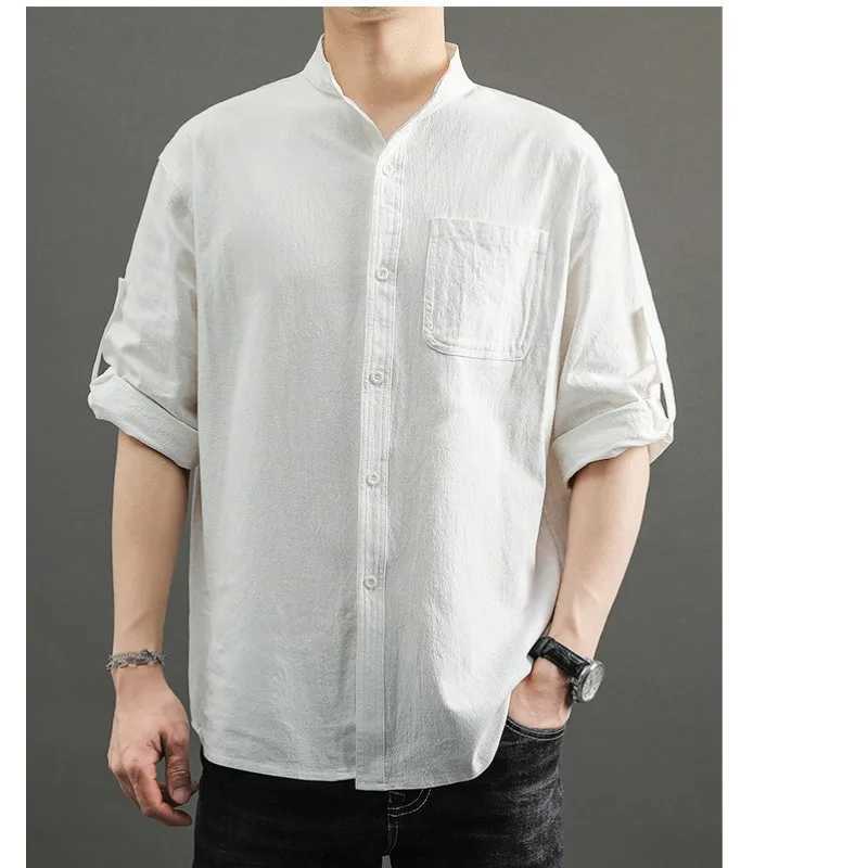 New Summer Linen Shirt for Men Seven-quarter Sleeve Loose Casual Stand Collar Cotton Linen Trendy Shirt M260305