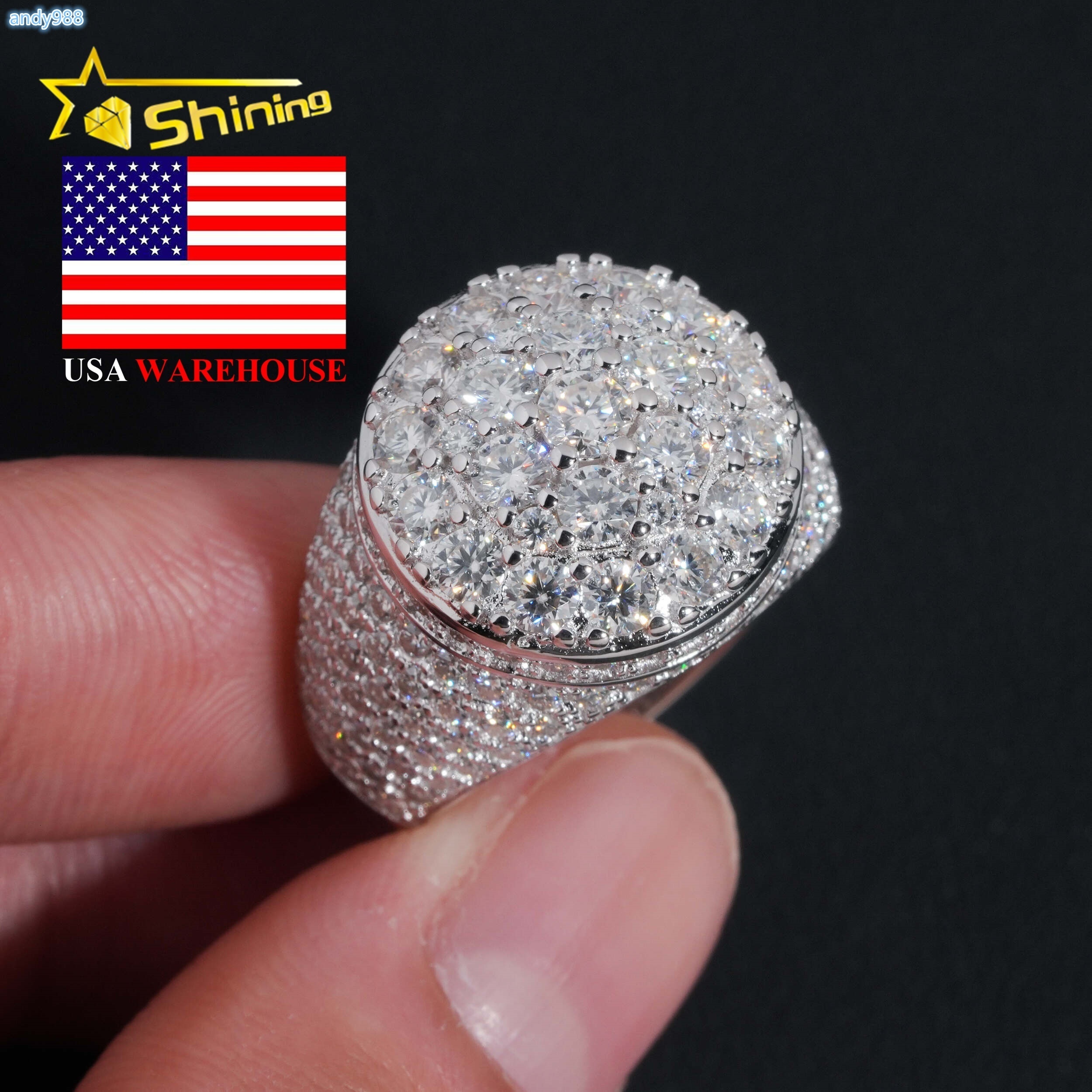 USA Local Stock Shipping Iced Out Hot Selling Moissanite Pass Diamond Tester Mens Ring 925 Silver VVS Moissanite Ring