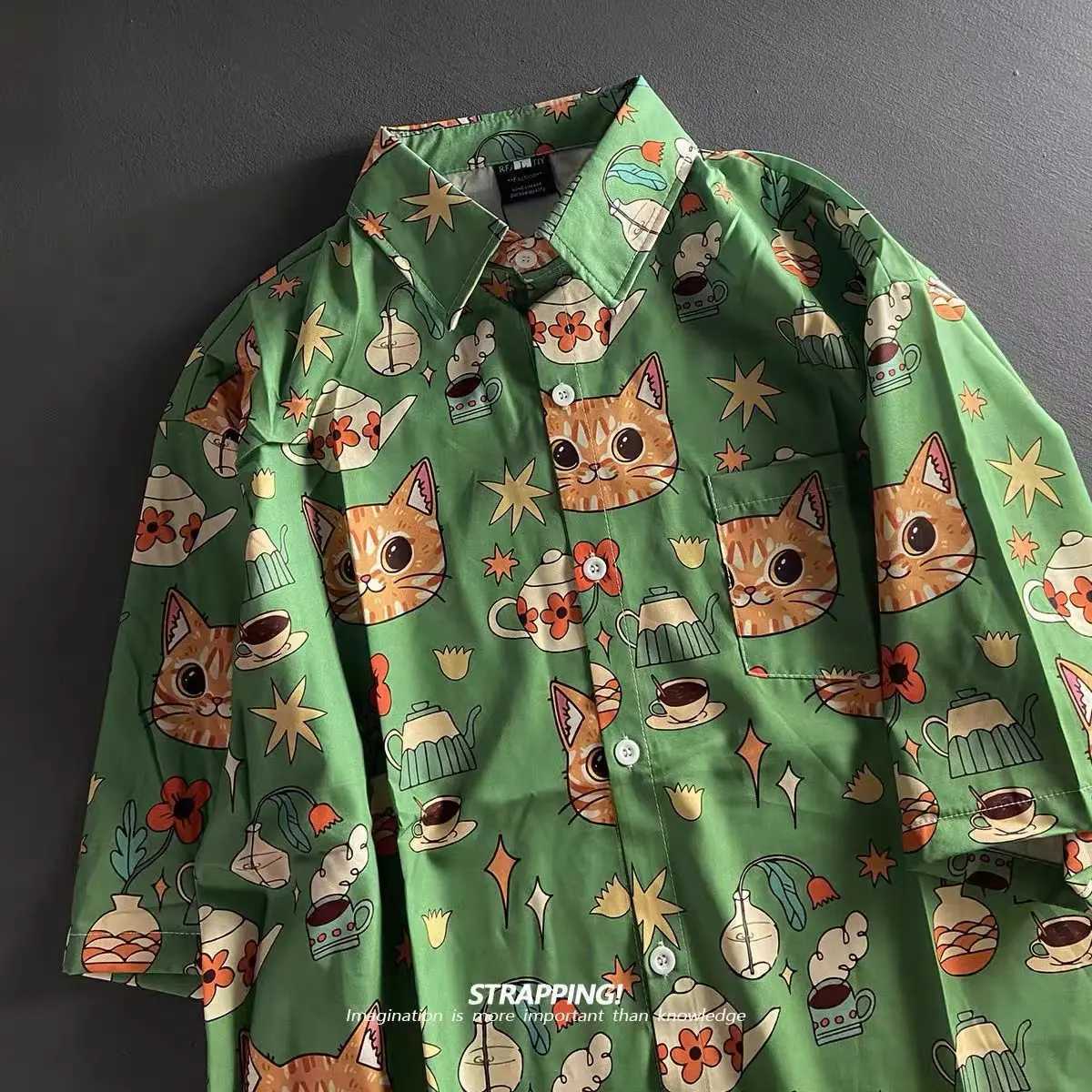 Boho Graffiti Cartoon Cat Full Print Ins Retro Short-sleeved Flower Lining Men and Women Hawaii Japanese Thai Beach Shirts 2024 M260305