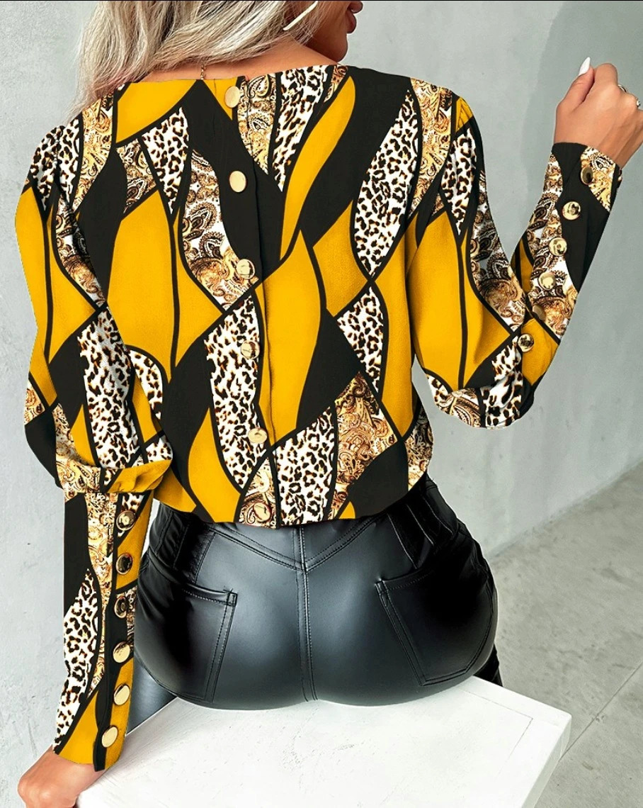 Autumn and winter fashionable printed long sleeved love style round neck button up blouse shirt for women 260228