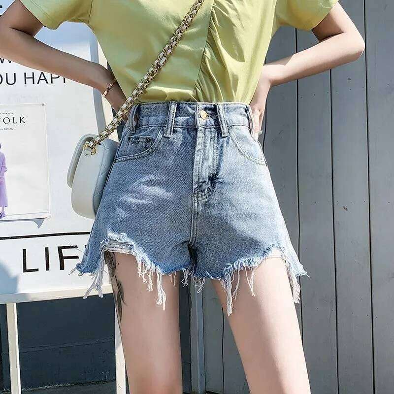 Ins new perforated denim shorts women in summer Korean version high waist slim and versatile for wearing outside internet fa XJ260305