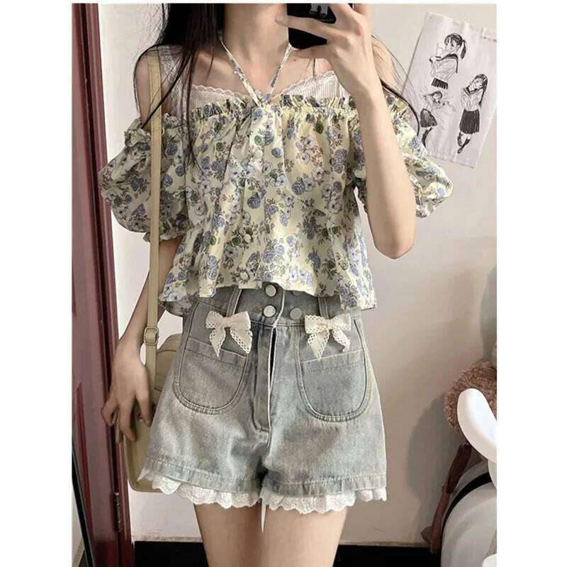 Denim Shorts Women 2025 Summer Sweet Bow Spliced Lace Hem High Waisted Short Jeans Japanese Kawaii All Match Streetwear XJ260305