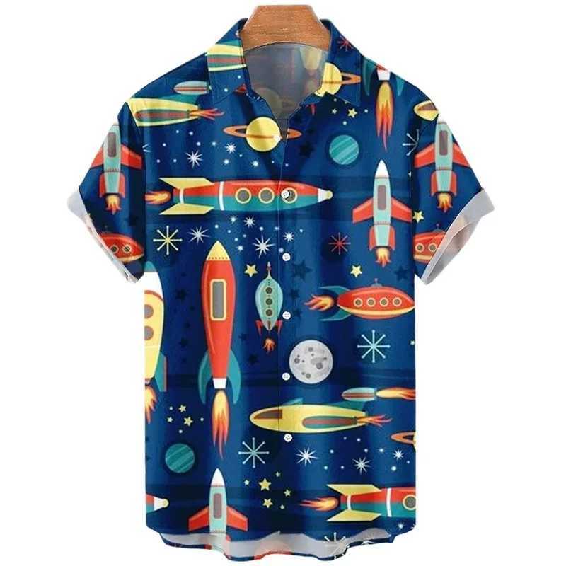 Rocket Graphic Shirts for Men Clothing 3D Printed Hawaiian Vacation Beach Shirt Lapel Blouse Summer Casual Clothes Tops Chemise M260305