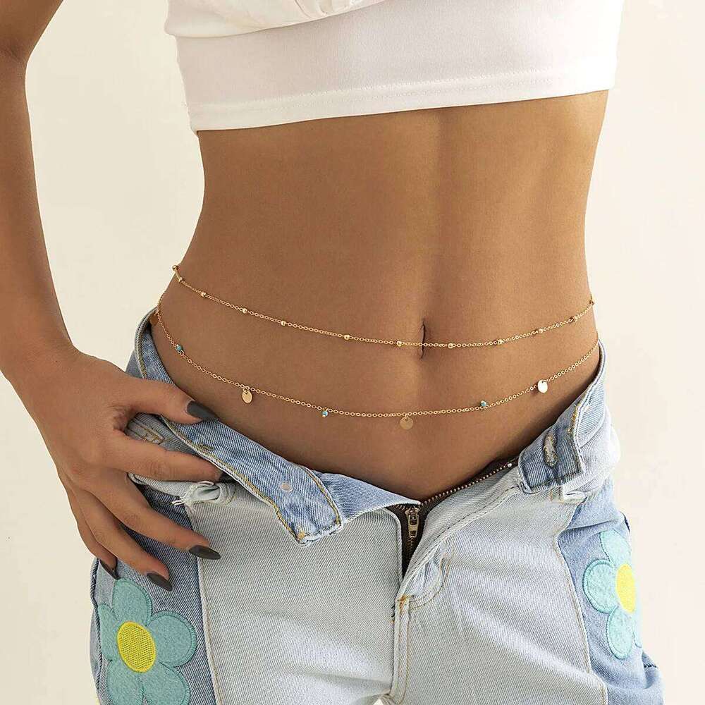 Minimalist Tassel Sequin Double Layer Casual Pants Hip-hop Body Fashionable Retro Turquoise Waist Chain S260304
