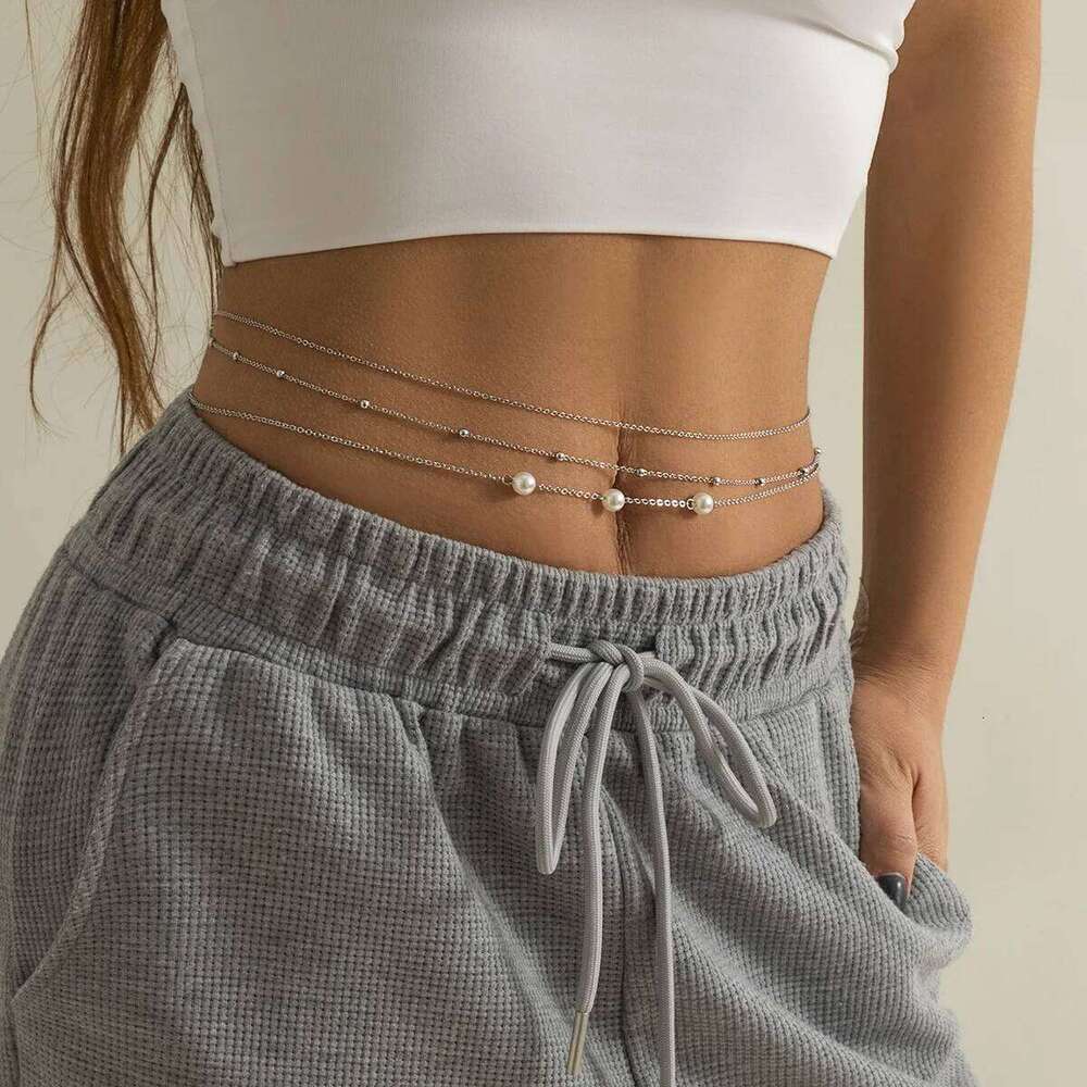Sexy Minimalist Imitation Pearl Metal Waist Mixed and Stacked Fashion Girl Beaded Woven Body Belly Chain S260304