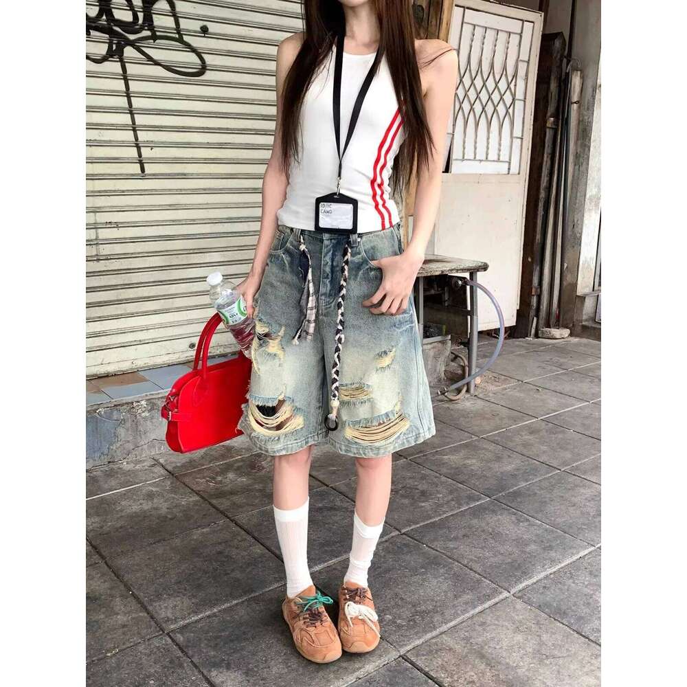 2025 Autumn American Vintage Washed Distressed Denim Shorts New Women's Wide-leg Straight Knee Length Pants Casual Streetwear XJ260305