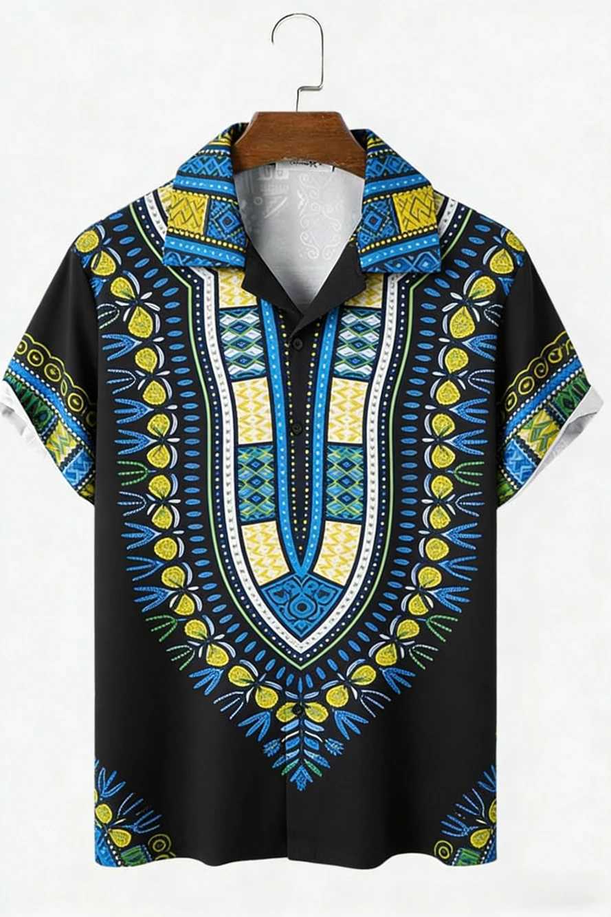 Mens New Linen Ethnic Tribal Style 3D Printed Shirt Hawaiian Tropical Breathable Comfortable Short-sleeved Lapel Clothes MenS M260305