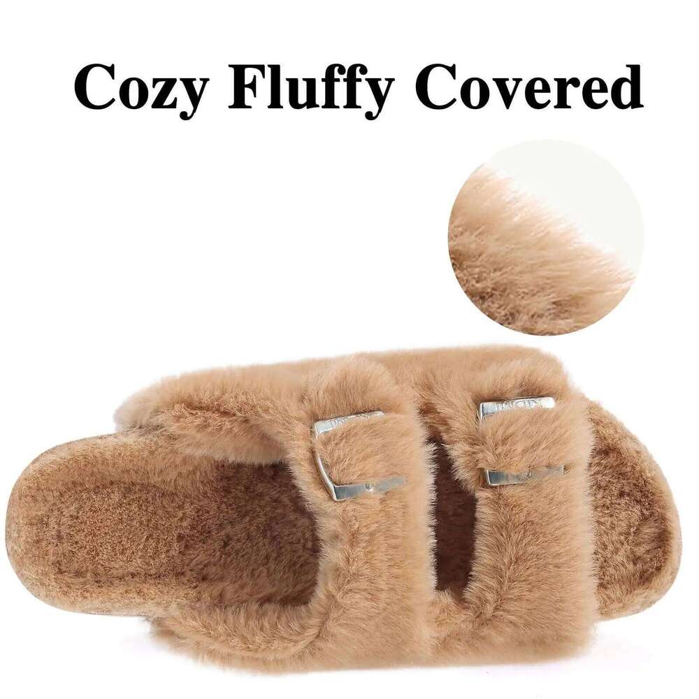 Kidmi Winter Warm Fur Suede Slides Fuzzy Clogs Women Fashion Outdoor Fluffy Cotton Slippers Plush Lined Potato Shoes