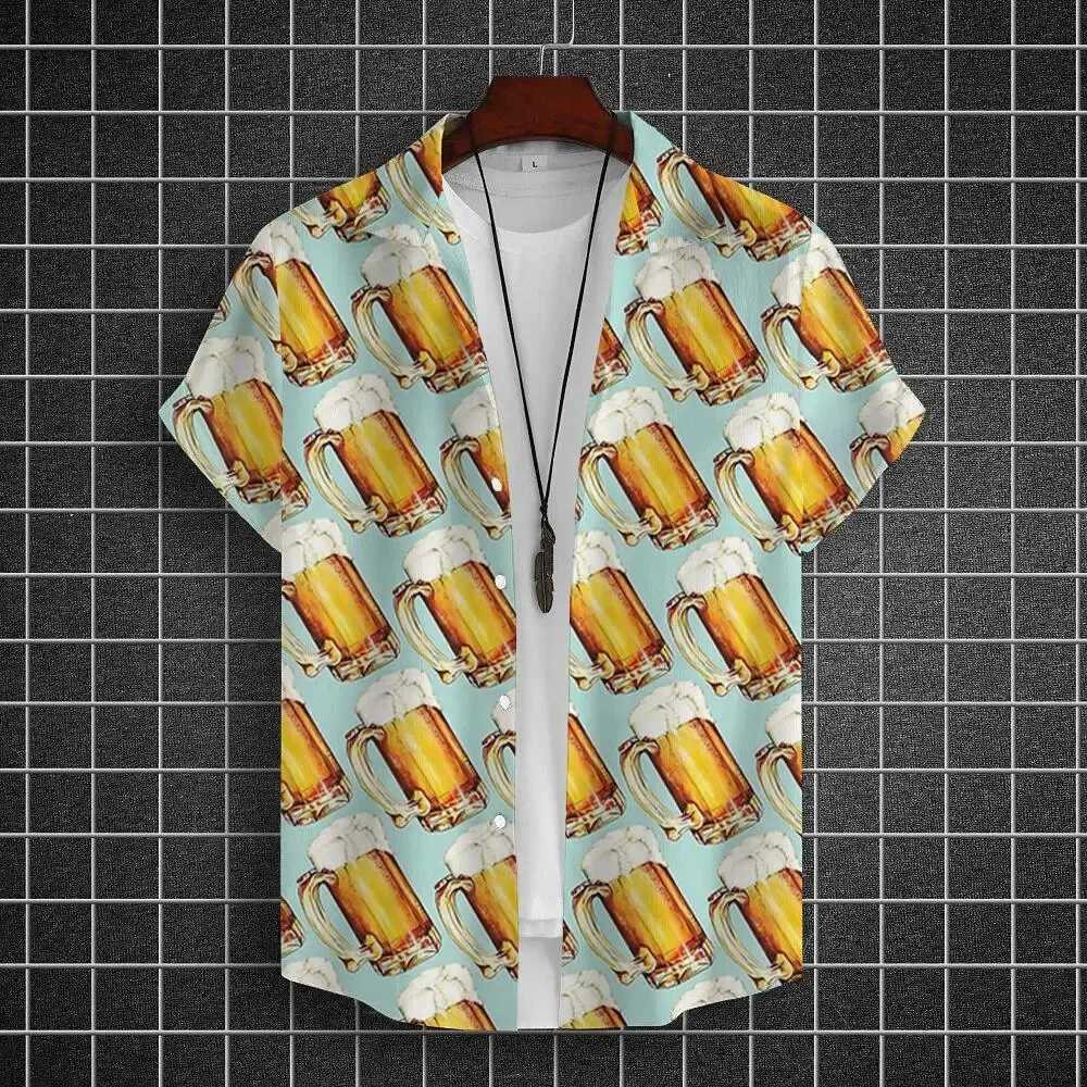 Mens Hawaiian Shirts 3D Print Intensive Beer Graphic Fashion Button Short Sleeve Lapel Streetwear Hawaiian Blouse Shirt for Men M260305