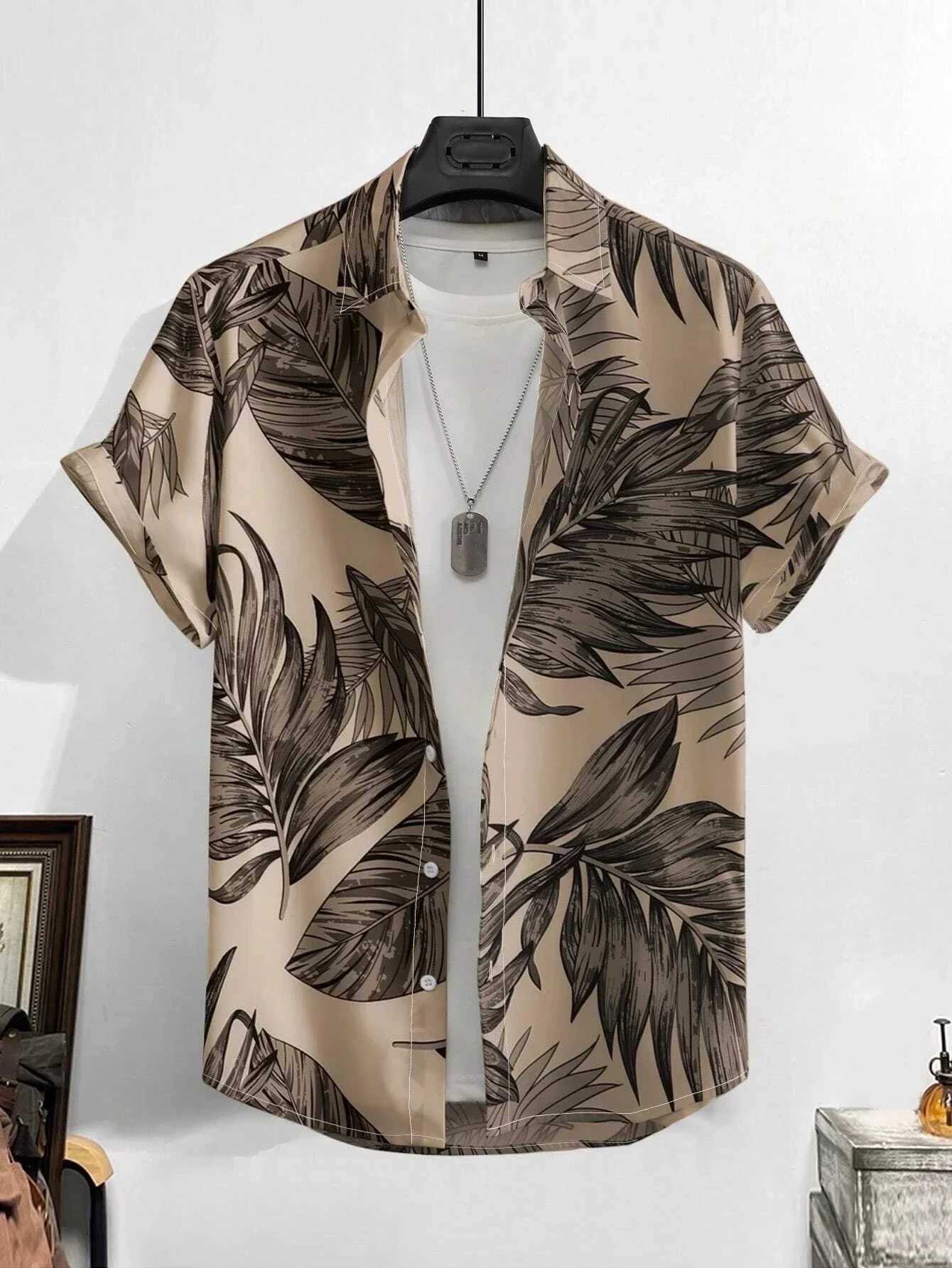 Mens Tropical Plant 3D Print Hawaiian Beach Flower Shirt Casual Slim Fashion Shirt Simple Retro Lapel Short Sleeve Shirt Top M260305