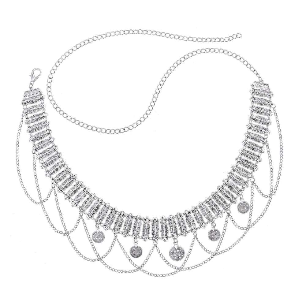 Vintage Zinc Alloy Antique Silver Waist Exotic Style Multi-layer Coin Pendant Body Chain Women Belt S260304